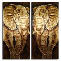 Hand-painted Animal Oil Painting With Stretched Frame with Gold and Silver Foil - Set of 2 